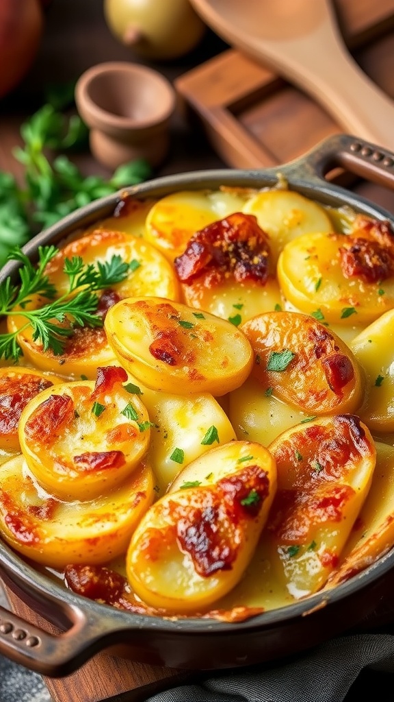 Golden potato gratin with melted cheese, displayed in a rustic dish, garnished with parsley.